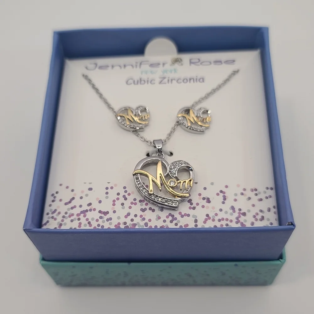 CZ Silver/Gold Plated Mom Heart Pendant Necklace With Matching Earrings Gift Set - Picture 3 of 7